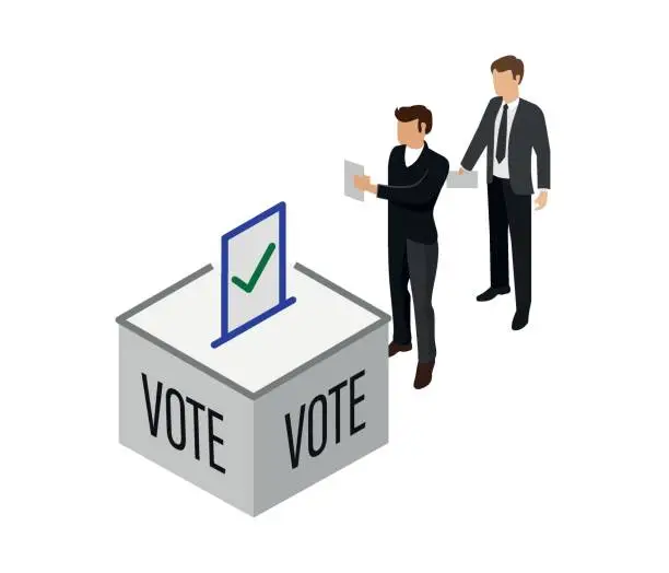 Vector illustration of people
puts voting ballot in ballot box. Election and vote concept. editable vektör.