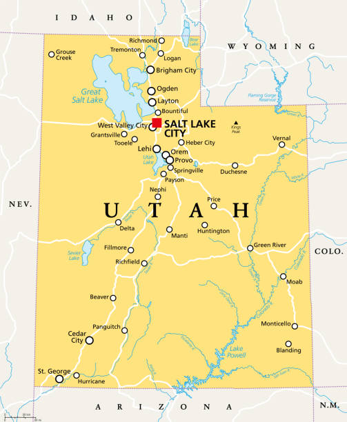 Utah, UT, political map, US state, nicknamed Beehive State Utah, UT, political map, with the capital Salt Lake City. State in the Mountain West subregion of the Western United States of America, nicknamed Beehive State, The Mormon State, and Deseret. Vector. provo stock illustrations