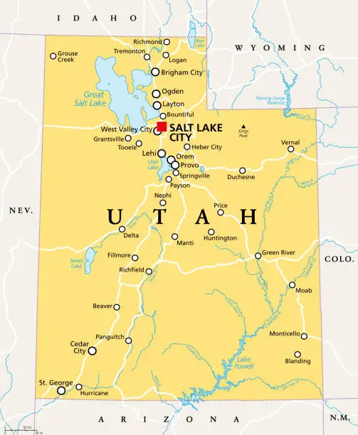 Vector illustration of Utah, UT, political map, US state, nicknamed Beehive State
