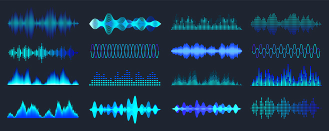 Blue colorful sound waves collection. Analog and digital audio signal. Music equalizer. Interference voice recording. High frequency radio wave. Vector illustration