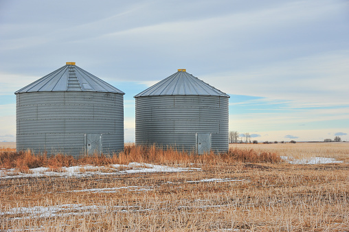 Two grain sheds alone in harvest frosted field on Prairie