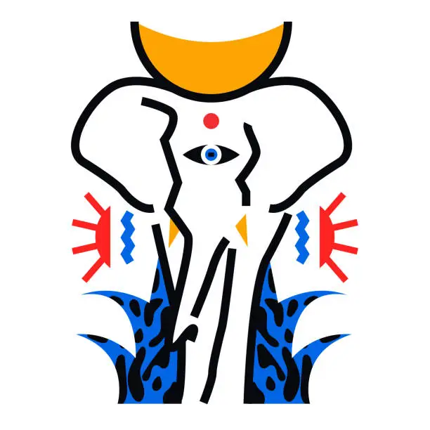 Vector illustration of Trendy vector illustration. In a minimalistic style. Line. The mystical symbol of the elephant. Awakening. Third Eye. Yoga. Totem animal. Fashionable print.