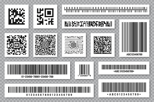 Set of product barcodes and QR codes. Identification tracking code. Serial number, product ID with digital information. Supermarket retail scan label, price tag. Vector illustration