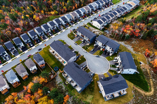 Suburban Landscape Aerial drone view of a suburban landscape. maritime provinces stock pictures, royalty-free photos & images