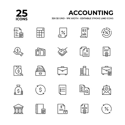 Accounting Vector Style Editable Stroke Thin Line Icons on a 32 pixel grid with 1 pixel stroke width. Unique Style Pixel Perfect Icons can be used for infographics, mobile and web and so on.