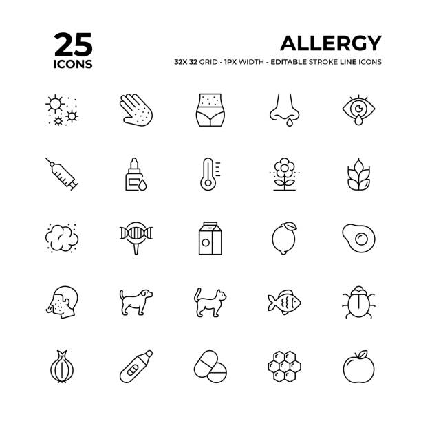 Allergy Line Icon Set Allergy Vector Style Editable Stroke Thin Line Icons on a 32 pixel grid with 1 pixel stroke width. Unique Style Pixel Perfect Icons can be used for infographics, mobile and web and so on. allergy icon stock illustrations
