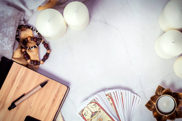 Tarot cards or fortune telling Tarot cards on wooden table. Fortune teller table. tarragon horizontal color image photography stock pictures, royalty-free photos & images
