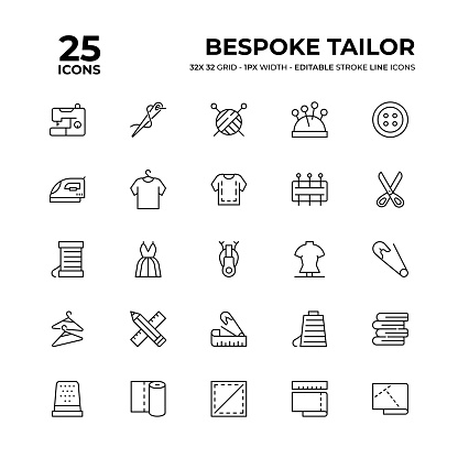 Bespoke Tailor Vector Style Editable Stroke Thin Line Icons on a 32 pixel grid with 1 pixel stroke width. Unique Style Pixel Perfect Icons can be used for infographics, mobile and web and so on.