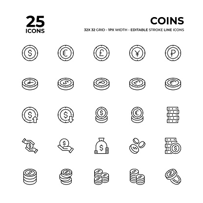 Coins Vector Style Editable Stroke Thin Line Icons on a 32 pixel grid with 1 pixel stroke width. Unique Style Pixel Perfect Icons can be used for infographics, mobile and web and so on.