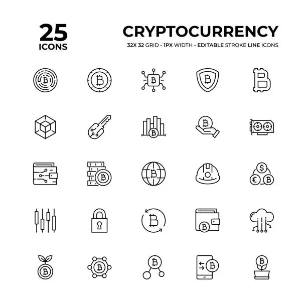 Vector illustration of Cryptocurrency Line Icon Set