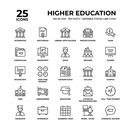 Higher Education Vector Style Editable Stroke Thin Line Icons on a 32 pixel grid with 1 pixel stroke width. Unique Style Pixel Perfect Icons can be used for infographics, mobile and web and so on.