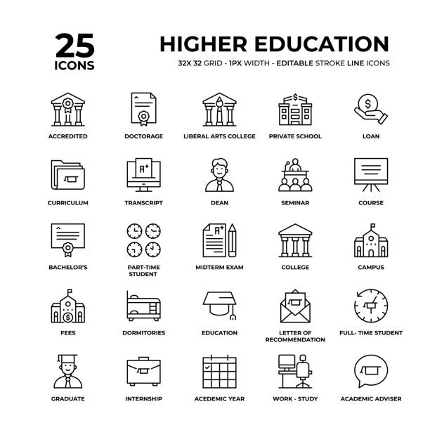 Higher Education Line Icon Set Higher Education Vector Style Editable Stroke Thin Line Icons on a 32 pixel grid with 1 pixel stroke width. Unique Style Pixel Perfect Icons can be used for infographics, mobile and web and so on. continuing education stock illustrations