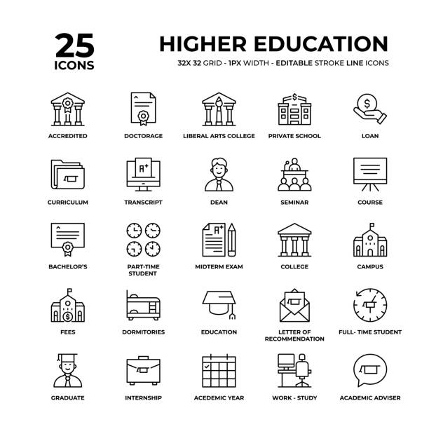 Higher Education Line Icon Set Higher Education Vector Style Editable Stroke Thin Line Icons on a 32 pixel grid with 1 pixel stroke width. Unique Style Pixel Perfect Icons can be used for infographics, mobile and web and so on. bachelor's degree stock illustrations