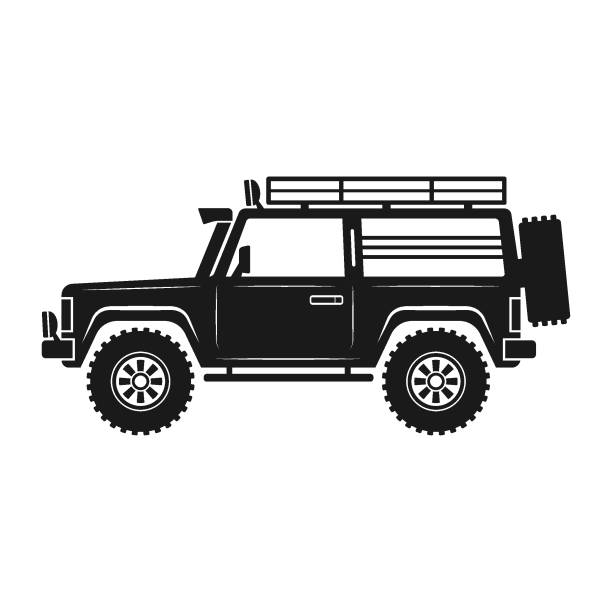 Expeditionary SUV. Black silhouette. Off-road jeep. Vector drawing. Side view. Isolated object on a white background. Isolate. Expeditionary SUV. Black silhouette. Off-road jeep. Vector drawing. Side view. Isolated object on a white background. Isolate. 4x4 stock illustrations