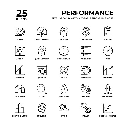 Performance Vector Style Editable Stroke Thin Line Icons on a 32 pixel grid with 1 pixel stroke width. Unique Style Pixel Perfect Icons can be used for infographics, mobile and web and so on.