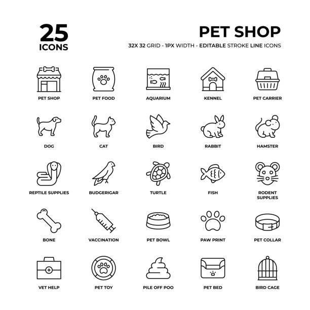 애완 동물 가게 라인 아이콘 세트 - 강아지 먹이 그릇 stock illustrations