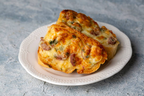 istock Breakfast bread slice, bread slice pizza, Turkish cheese on breakfast bread, sausage 1349281860