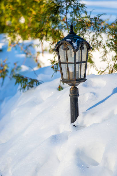 istock Black street lamp covered with snow 1349287186