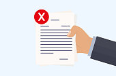 Rejected document, refusal. The businessman holds in hand inoperative, overdue document. Checking for a declined sheet. Page with denial and negative result. Financial data was rejected. Vector
