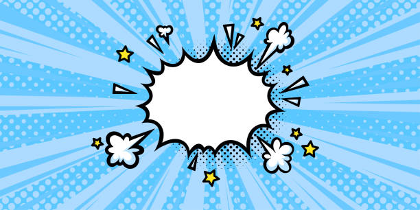 illustrazioni stock, clip art, cartoni animati e icone di tendenza di sorprendente boom cloud con fulmini in blu mezzotono per vendite e promozioni. modello di banner per sorprese ed eventi esplosivi. illustrazione vettoriale - bomb bombing war pattern