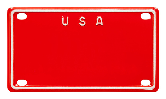 Red USA License Plate Cut Out on White.