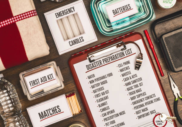 istock Disaster Preparation Kit Flatlay with Items on Gray Table 1349300993