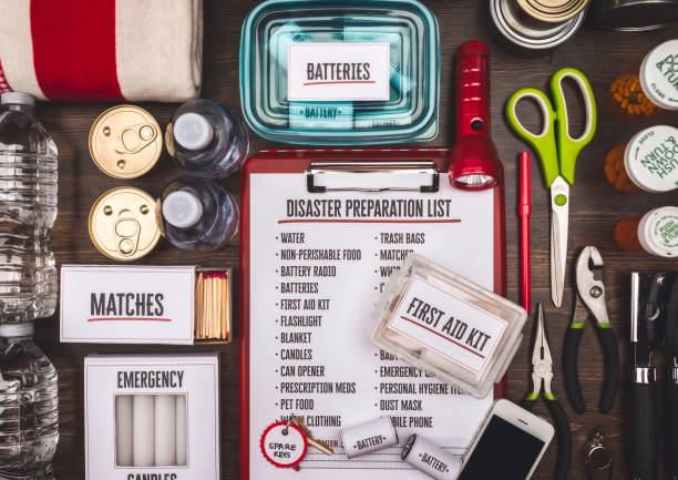 istock Disaster Preparation Kit Flatlay with Items on Gray Table 1349301017