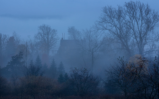 Foggy rural landscape in upstate New York.