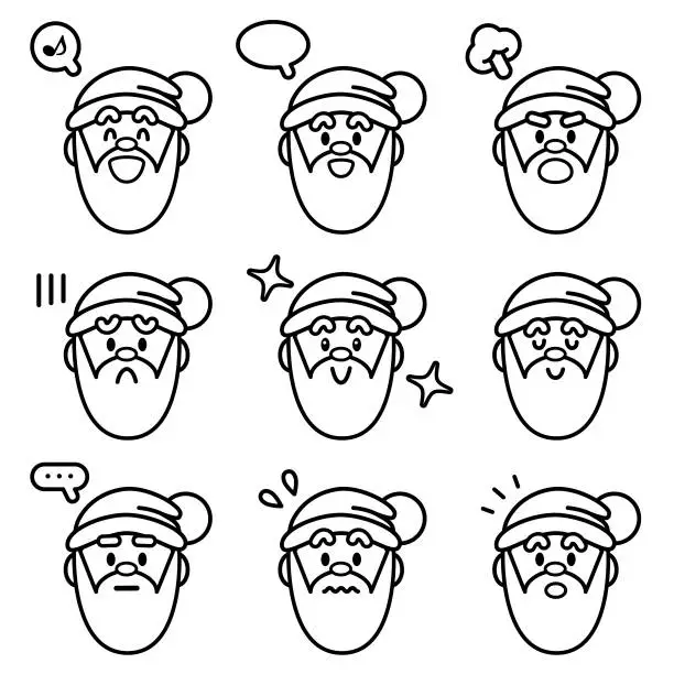Vector illustration of Christmas icon set of a cute Santa Claus with nine facial expressions in black and white