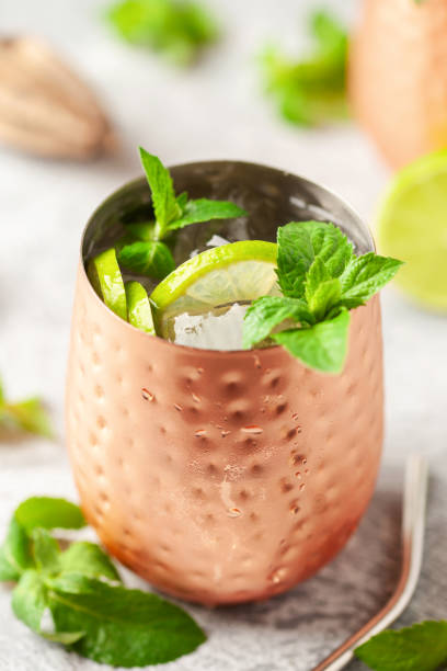 istock Alcohol cocktail mojito with lime and mint in copper glasses with ice. Summer refreshing drink 1349304743