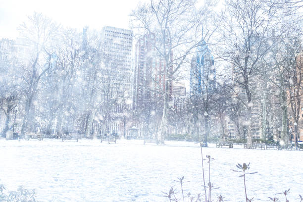 Blur snowy city background with people