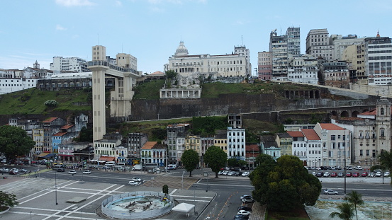 salvador, bahia, brazil - october 25, 2021: aerial view of the Elevador Lacerda, a monument that connects the upper city to the lower city in Salvador.