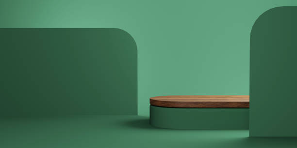 Abstract minimal scene with wooden podium and backdrop in studio lighting green background. Product presentation showcase, Mock up stage, Cosmetic product display, Podium, stage pedestal. 3d rendering Abstract minimal scene with wooden podium and backdrop in studio lighting green background. Product presentation showcase, Mock up stage, Cosmetic product display, Podium, stage pedestal. 3d rendering stage set stock pictures, royalty-free photos & images