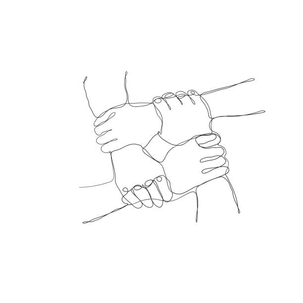 손으로 그린 낙서 손 은 연속 라인 드로잉에서 팀워크와 우정 일러스트에 대한 서로 손 기호를 들고 - assistance holding hands friendship human hand stock illustrations