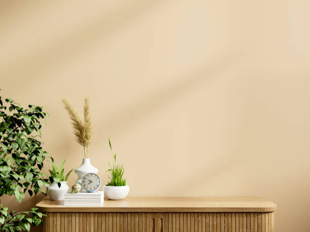 mockup interno della parete color crema con pianta verde. - shelf wall vase indoors foto e immagini stock