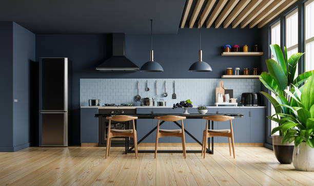 짙은 파란색 벽이 있는 현대적인 스타일의 주방 인테리어 디자인. - kitchen 뉴스 사진 이미지