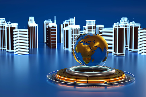 3D graphics of a city with skyscrapers, in the middle of a landmark in the form of the Earth, planet, globe. Isolated 3D objects, 3D graphics. City skyscrapers, landmark, city center