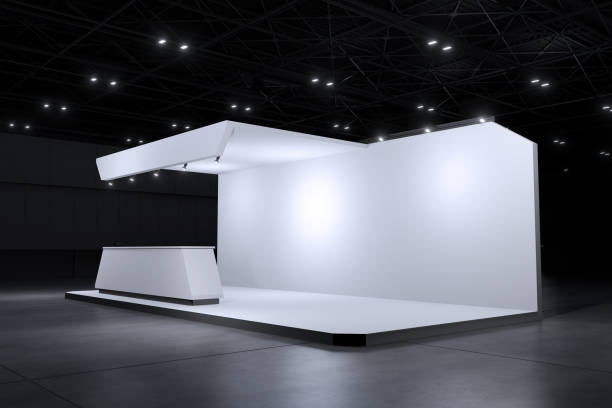 Exhibition stand for mockup and Corporate identity,Display design.Empty booth Design.Retail booth elements in Exhibition hall.booth Design trade show.Blank Booth system of Graphic Resources.3d Background for online.3d render.