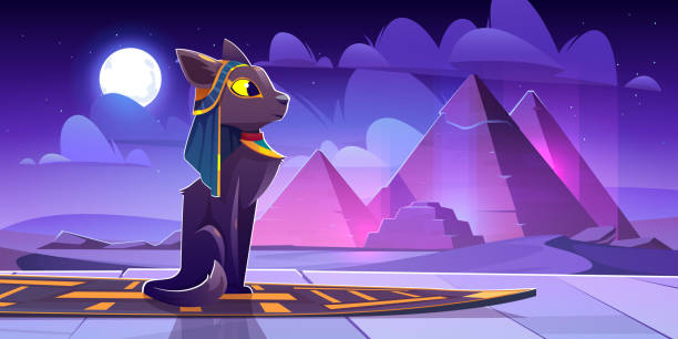 illustrazioni stock, clip art, cartoni animati e icone di tendenza di dea egizia bastet nel deserto con piramidi - sphinx night pyramid cairo