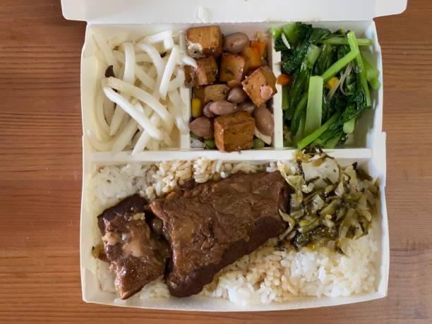 Traditional Taiwanese rice box filled with vegetables and meat