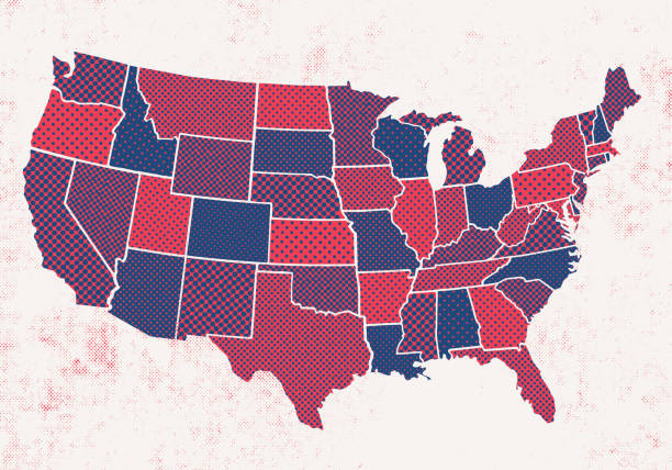 USA states map with half-tone dots textures Vector illustration of the United States of America map with half-tone dots textures. Red and blue colors. 

Layered file for easy editing. us map stock illustrations