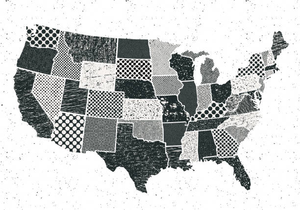 USA states map with random grunge textures - black and white Vector illustration of the United States of America states map with grunge textures and patterns. Black and white illustration.
Layered file for easy editing. black and white map of united states stock illustrations