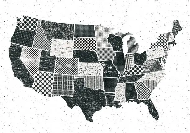 Vector illustration of USA states map with random grunge textures - black and white