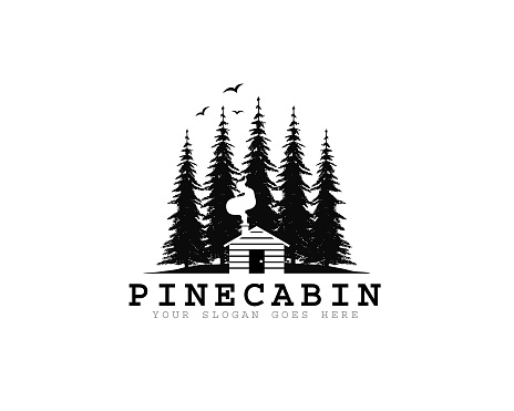 wood cabin symbol vector graphic with chimney, smoke, birds, pines and mountain for any business especially for outdoor activity, hunting, travel and holiday relaxation
