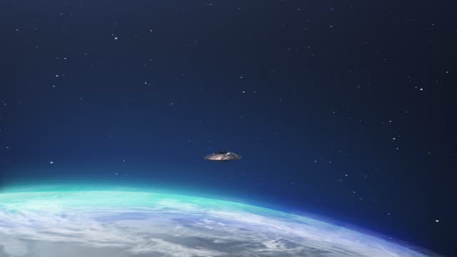 Alien spaceship ufo Flying over Earth atmosphere