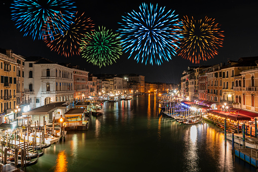 the fireworks during New Year's Eve in Venice, Italy