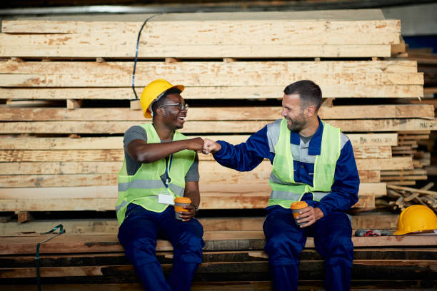istock Happy warehouse workers greeting with fists while working at wood compartment. 1349328767