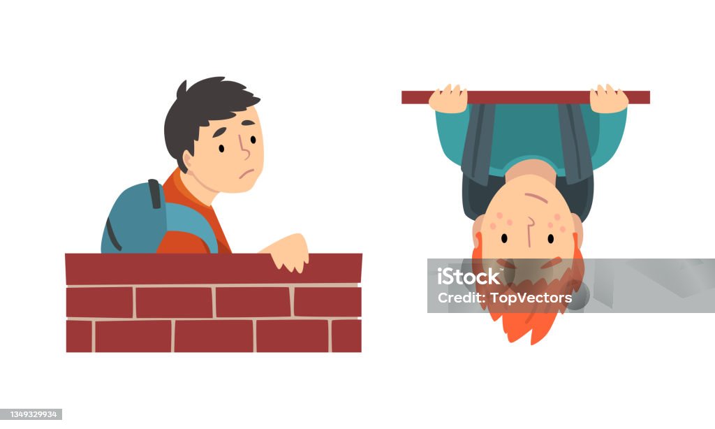 Boy With Backpack Looking Out From Brick Wall And Hanging Upside Down  Vector Set Stock Illustration - Download Image Now - iStock