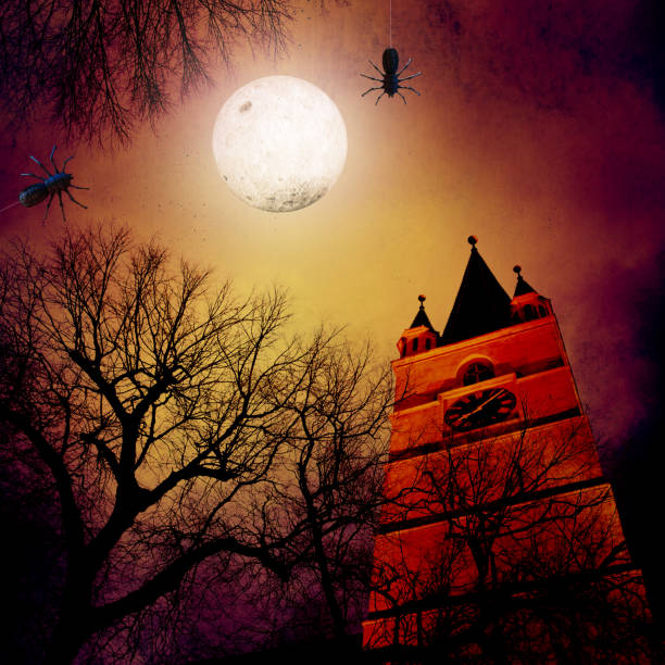 Illustration of scary dark forest and haunted castle at full moon. Reddish sky and clouds with  crawling spiders.