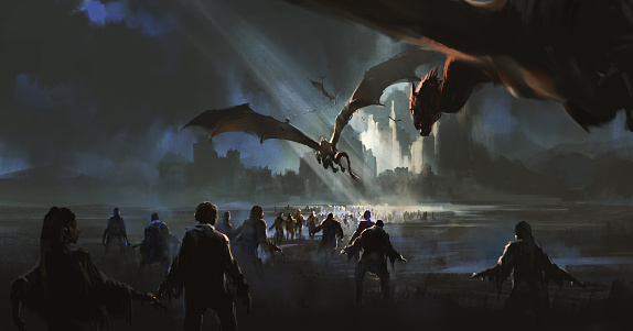 A group of zombies occupied the ruined castle,Fantasy illustration in gothic style,3D illustration.